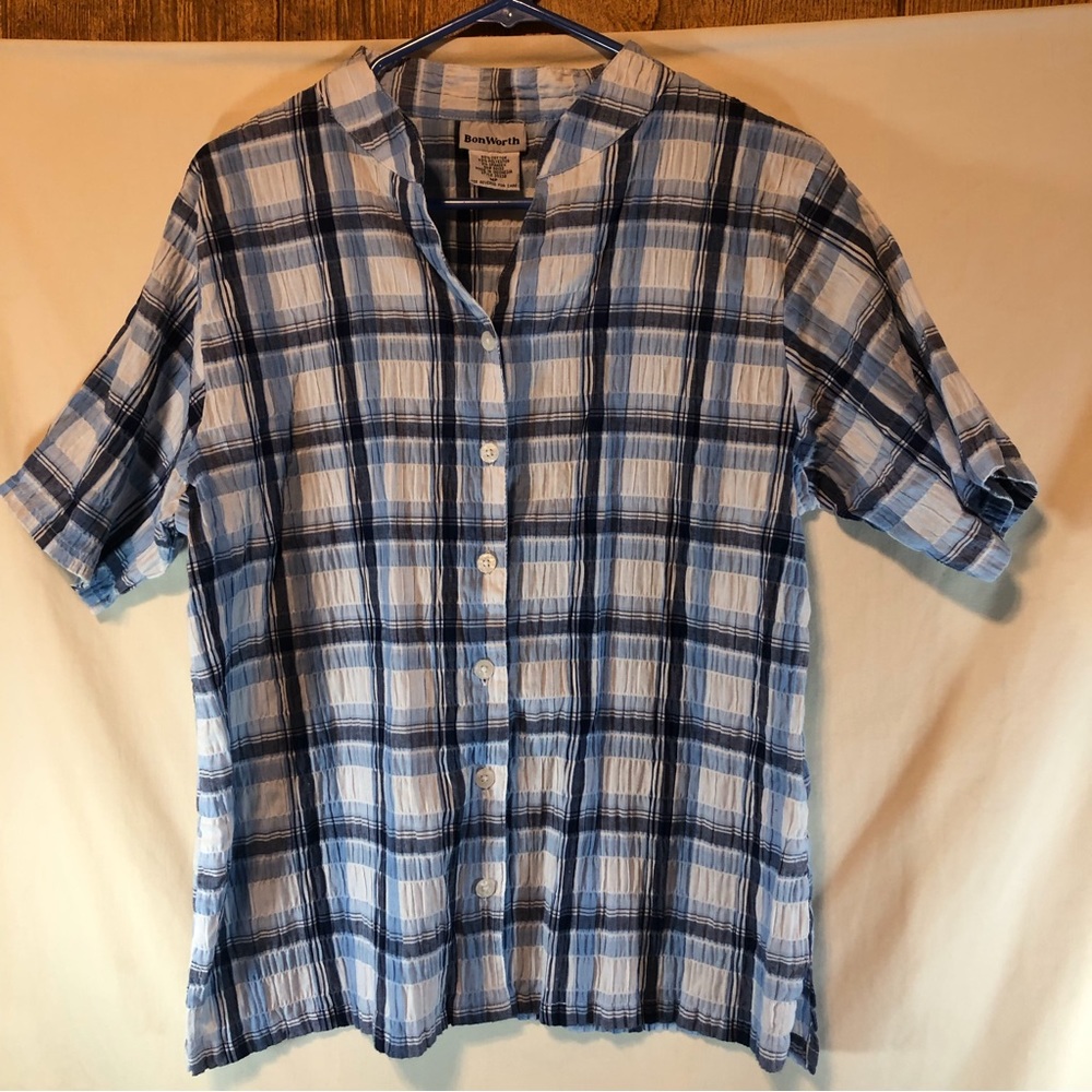 Bon Worth Blue/white plaid short sleeve button down blouse MP